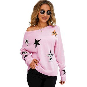 Star Pattern Round Neck Dropped Shoulder Sweater